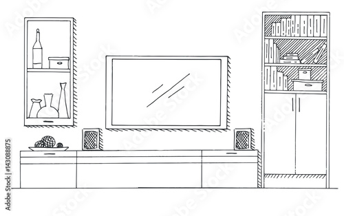 Hand drawn sketch. Linear sketch of the interior. Bookcase, dresser with TV and shelves. Vector illustration
