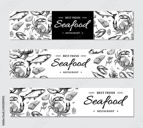 Seafood banner vector template set. Hand drawn illustration. Crab, lobster, shrimp, oyster, mussel,