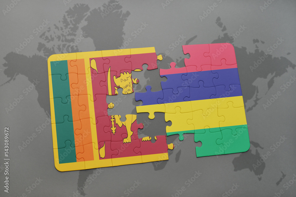 puzzle with the national flag of sri lanka and mauritius on a world map ...