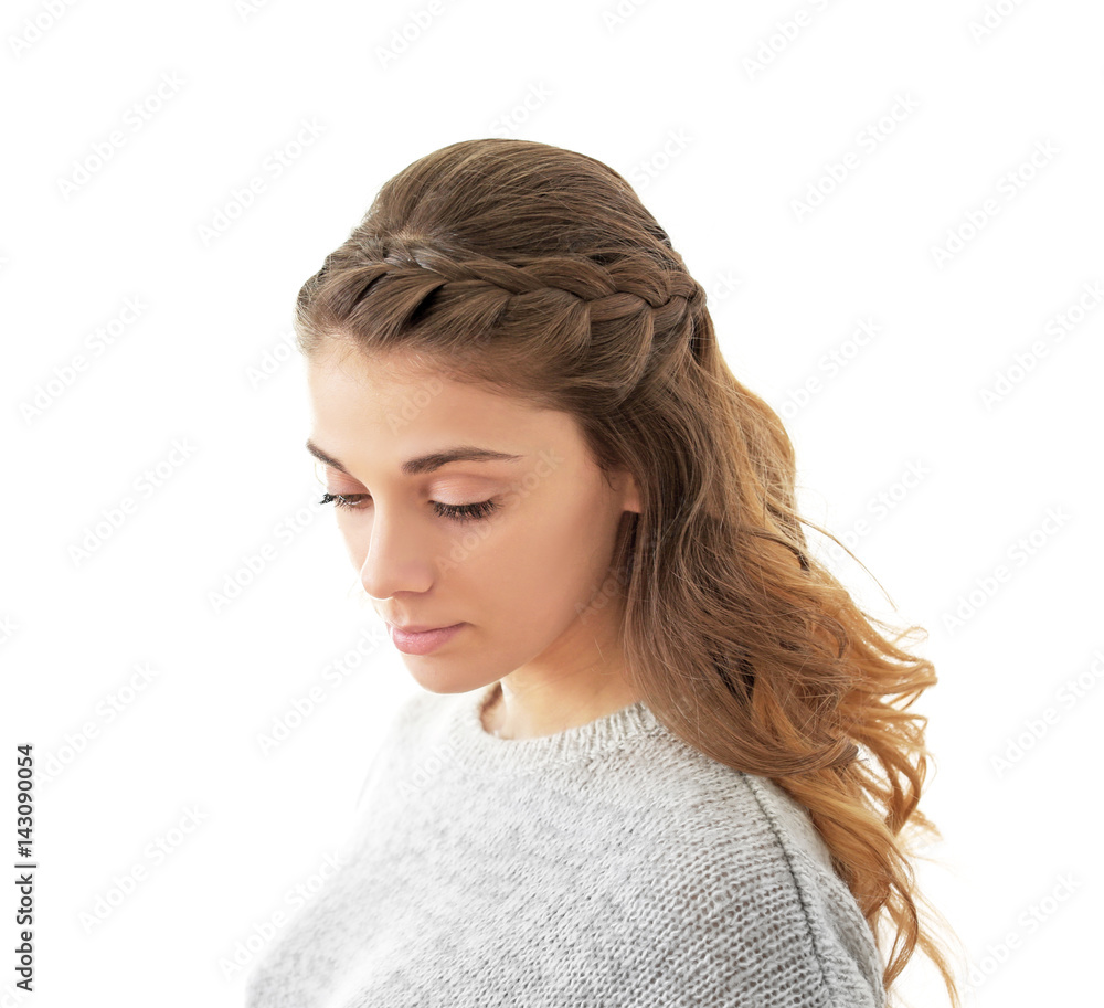 Young woman with beautiful hairstyle on white background Young woman with beautiful hairstyle on white background