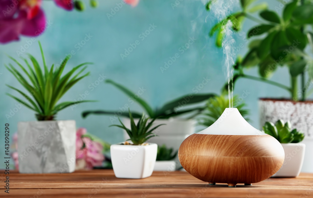 Aroma oil diffuser and plants on table Aroma oil diffuser and plants on table