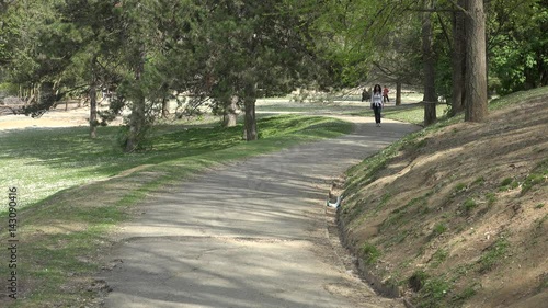 Wallpaper Mural woman on park trail walking in an uphill road while the poplar fluff falls as snow Torontodigital.ca