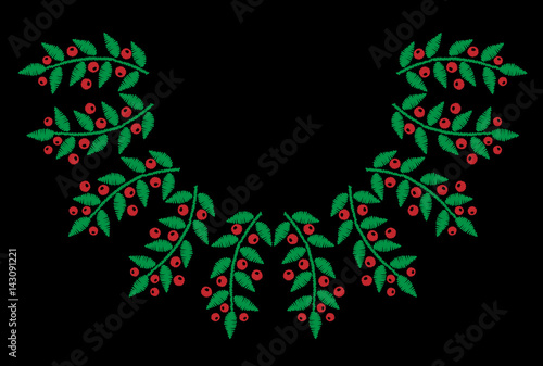 Green leaf with red berry embroidery stitches imitation on the black background
