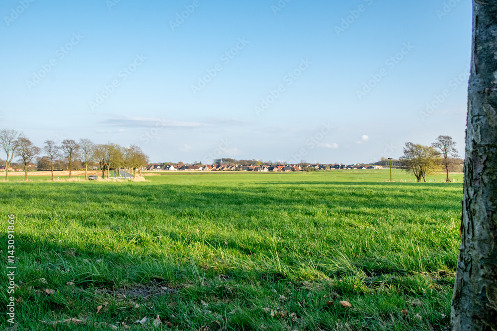 Fototapeta premium German Village behinde a green field