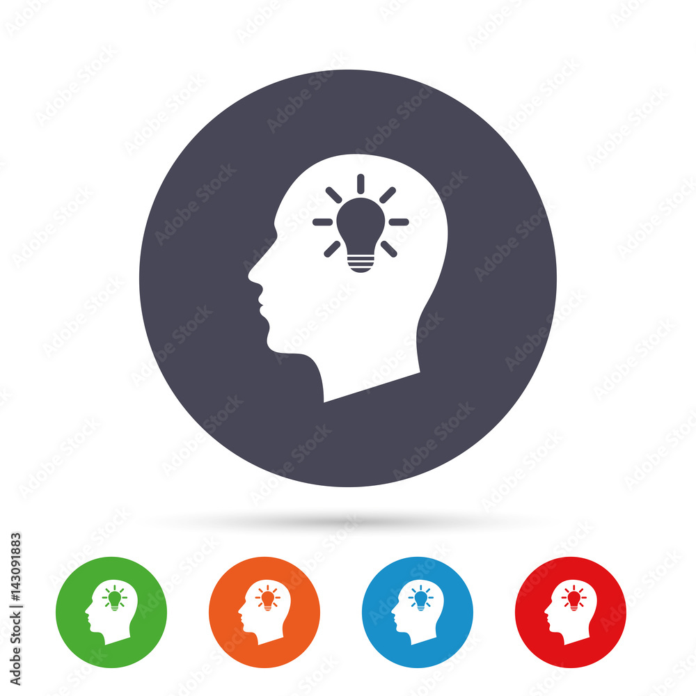 Head with lamp bulb sign icon. Male human head. Head with lamp bulb sign icon. Male human head.