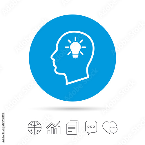 Head with lamp bulb sign icon. Male human head.