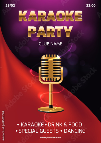 Karaoke party invitation flyer template. Red curtain on the abstract background. Light and glare. Gold retro microphone in center. A4 size. Vector eps 10.
