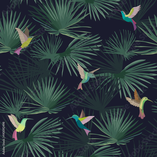 Exotic tropical forest. Hummingbirds. Colibri. Seamless pattern. Vector background.