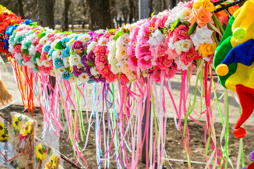 Fototapeta premium Close up beautiful colorful wreaths of flowers