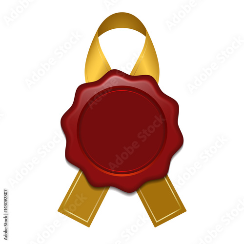 Realistic wax stamp with gold ribbon. Clean seal isolated on white background. Vector illustration.