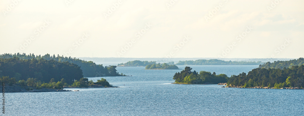 Arial panoramic view of the many small islands in the archipelago of Stockholm