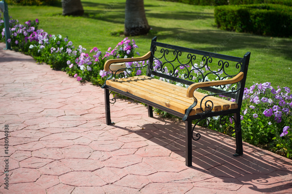 empty wooden bench near green grass, beautiful flowers in park empty wooden bench near green grass, beautiful flowers in park