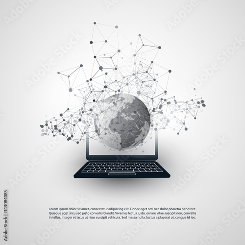 Abstract Cloud Computing and Global Network Connections Concept Design with Earth Globe, Notebook, Wireless Mobile Device, Transparent Geometric Mesh - Illustration in Editable Vector Format