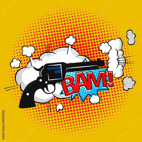 Comic bubbles speech cowboy pistol shot print. Text sound effect.