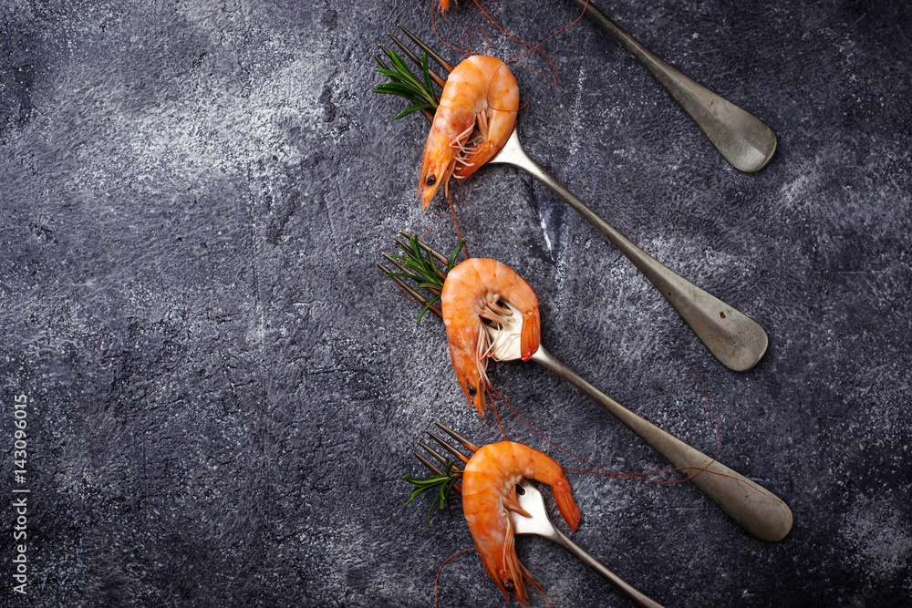 Prawns shrimps on the fork Prawns shrimps on the fork