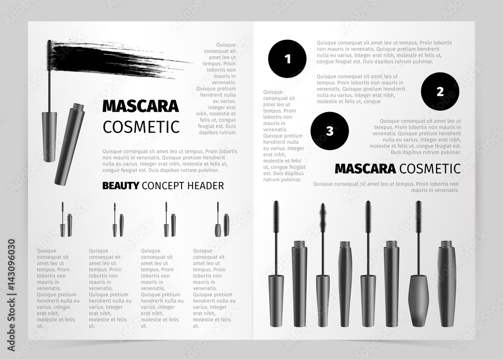 Booklet, brochure realistic vector cosmetic, applicator brush, bottles,  black mascara stroke, beauty female cosmetics product concept for beauty  salon of professional make up, vector illustration Stock Vector | Adobe  Stock