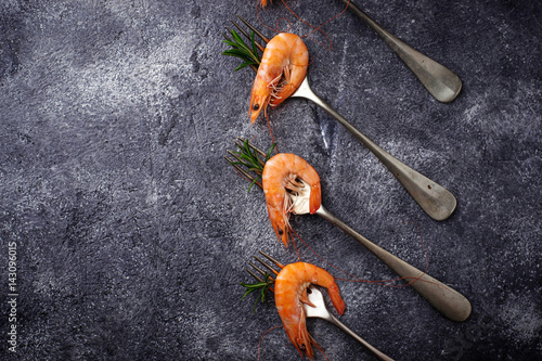 Prawns shrimps on the fork