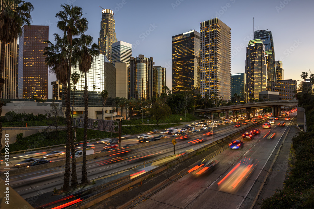 Traffic in downtown Los Angeles, California at sunset