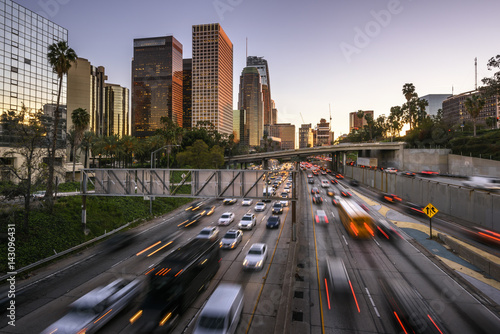 Traffic in downtown Los Angeles, California at sunset