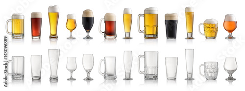 Set of various full and empty beer glasses. Isolated on white background