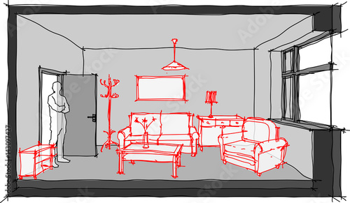 hand drawn sketch of a single empty room with door and window furnished with hand drawn sketches of sofa, chair, table, cabinets, ceiling lamp, cloths hanger and painting on the wall