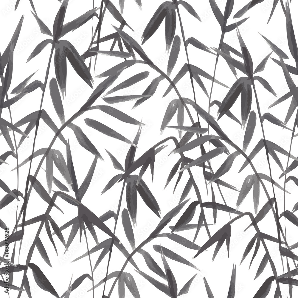 Obraz premium Bamboo seamless pattern on green background in japanese style, light fresh leaves, black and white realistic design, vector illustration