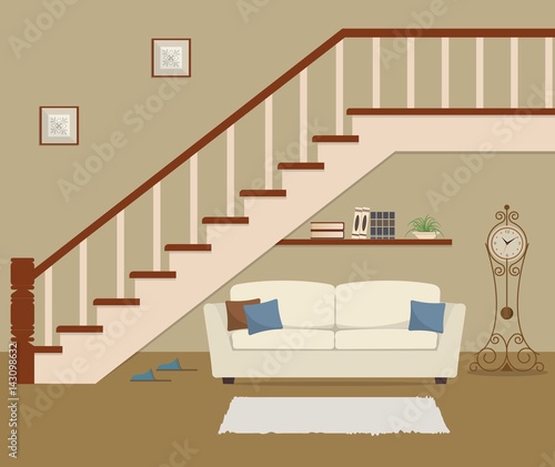 White sofa with pillows, located under the stairs. There is also a grandfather clock and bookshelf in the picture. Vector flat illustration.