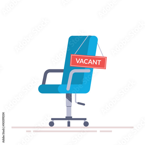 Comfortable office chair with a vacancy sign. Business hiring and recruiting abstract concept. Search for a new employee. Flat vector illustration isolated on white background.