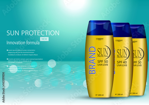 eps 10 vector advertising poster of sunblock or sunscreen cream isolated on turquoise background with bokeh effect. Premium advertisement banner for web, print. Realistic body lotion plastic bottle