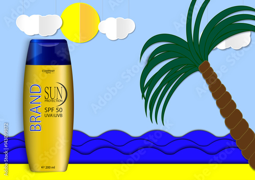 eps 10 vector paper style advertising poster of sunblock or sunscreen cream isolated on turquoise background with palm tree. Premium banner for web, print. Realistic body lotion plastic bottle