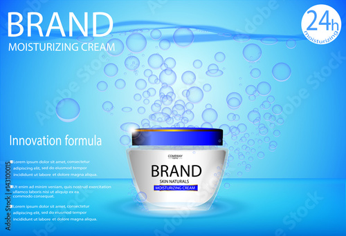 eps10 vector advertising poster of revolutionary formula moisturizing face cream with water air bubbles, water splashes. Realistic brand cosmetic tube package, cosmetic web, print advertisement banner