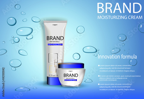 eps 10 vector advertising poster of revolutionary formula moisturizing hand and face cream with water air bubbles, water splashes. Realistic brand cosmetic tube package, cosmetic web, print banner