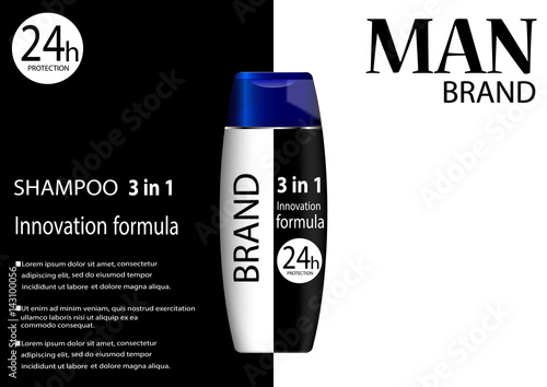 eps 10 vector advertising poster of revolutionary formula hydrating anti-dandruff hair shampoo for men. Black and white design. Realistic brand cosmetic tube package. Cosmetic web and print banner