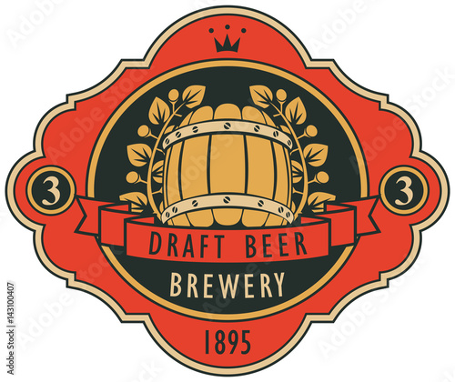 template vector beer label with barrel, laurel wreath, ribbon and crown in retro style