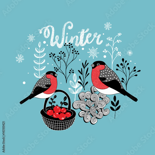 Two winter birds with the basket of berries.