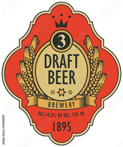 template vector beer label with coat of arms, ears of wheat, ribbon and crown in retro style