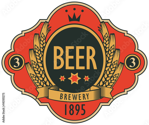 template vector beer label with coat of arms, ears of wheat, ribbon and crown in retro style