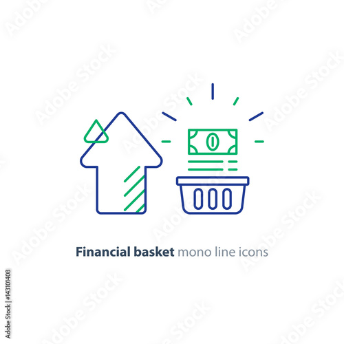 Cash bundle in basket and arrow, financial investment, income growth, line icon