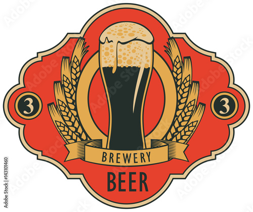 template vector beer label with glass of beer, coat of arms, ears of wheat and ribbon in retro style