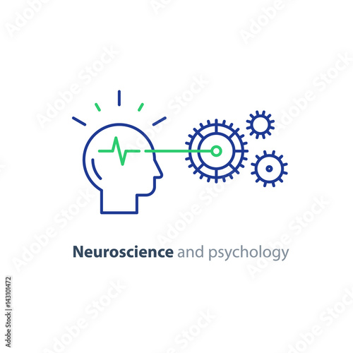 Human head and gear wheel mechanism, brain study, artificial intelligence icon