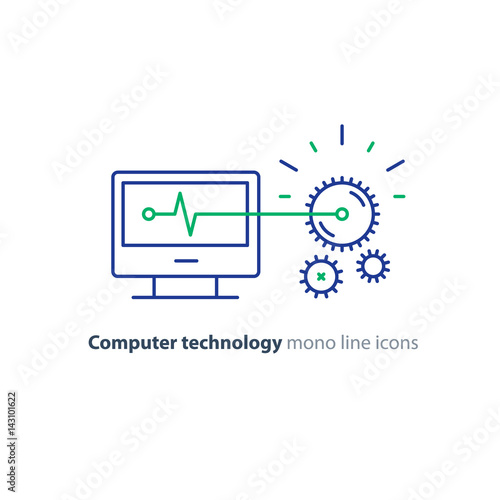 Diagnostic system, engine test, software integration, data processing line icon