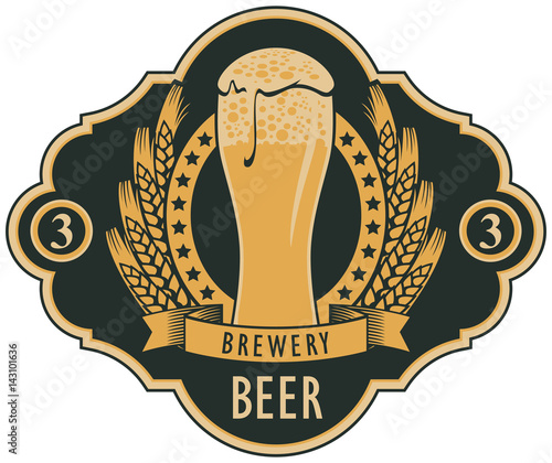 template vector beer label with glass of beer, coat of arms, ears of wheat and ribbon in retro style