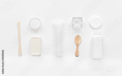 body care concept with white set of cosmetics woman desk top view © 279photo