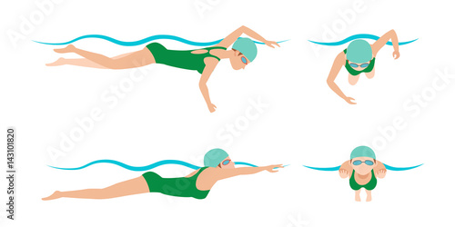 Vector illustration of swimming style scheme different swimmers man and woman in pool sport exercise.