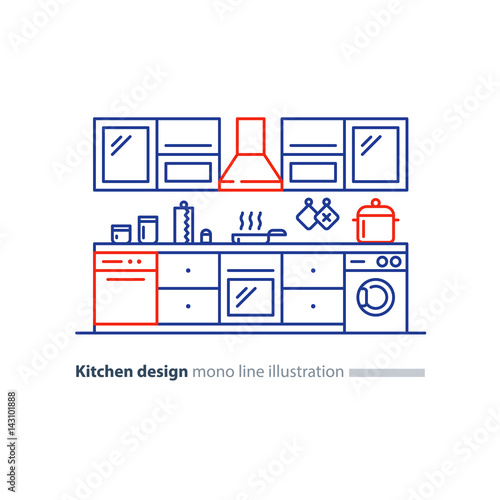 Kitchen interior design, furniture set, arrangement plan