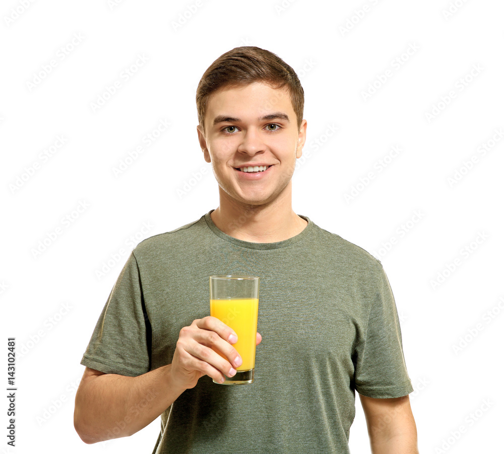 Young man drinking juice on white background Young man drinking juice on white background
