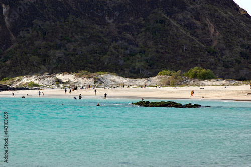 people enjoying the pristine beach at  Cerro Brujo beach in Galapagos