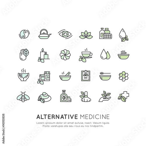 Vector Icon Style Logo Sign Set of  Alternative Medicine. IV Vitamin Therapy, Anti-Aging, Wellness, Ayurveda, Chinese Medicine. Holistic centre. Green Energy Mandala