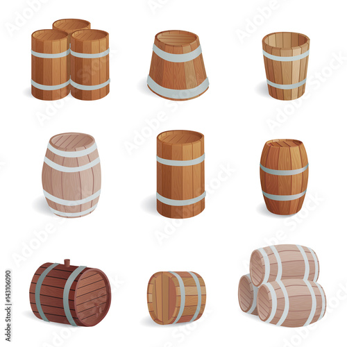 Wooden barrel vintage old style oak storage container and brown isolated retro liquid beverage object fermenting distillery cargo drum lager vector illustration.