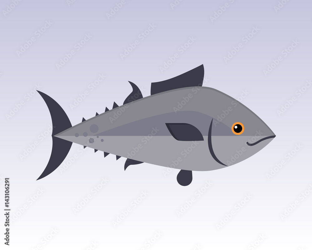 Obraz premium Cute fish gray cartoon funny swimming graphic animal character and underwater ocean wildlife nature aquatic fin marine water vector illustration.